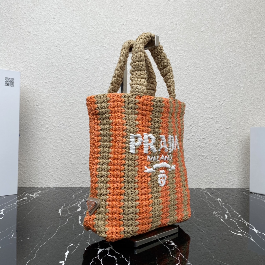 Prada 1BG422 Small Raffia Tote Bag Tan and Orange