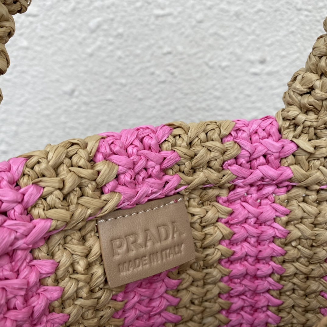 Prada 1BG422 Small Raffia Tote Bag Tan and Pink