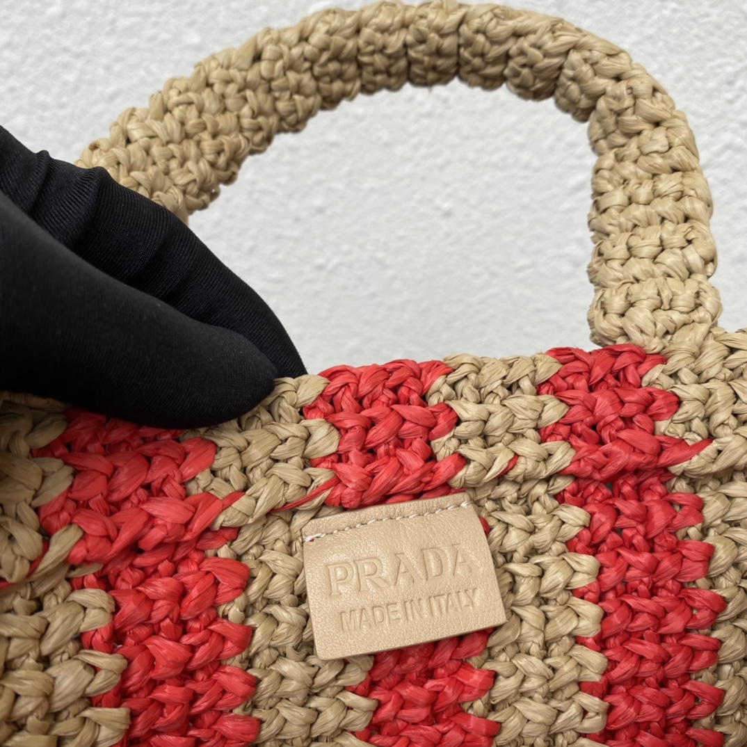 Prada 1BG422 Small Raffia Tote Bag Tan and Red