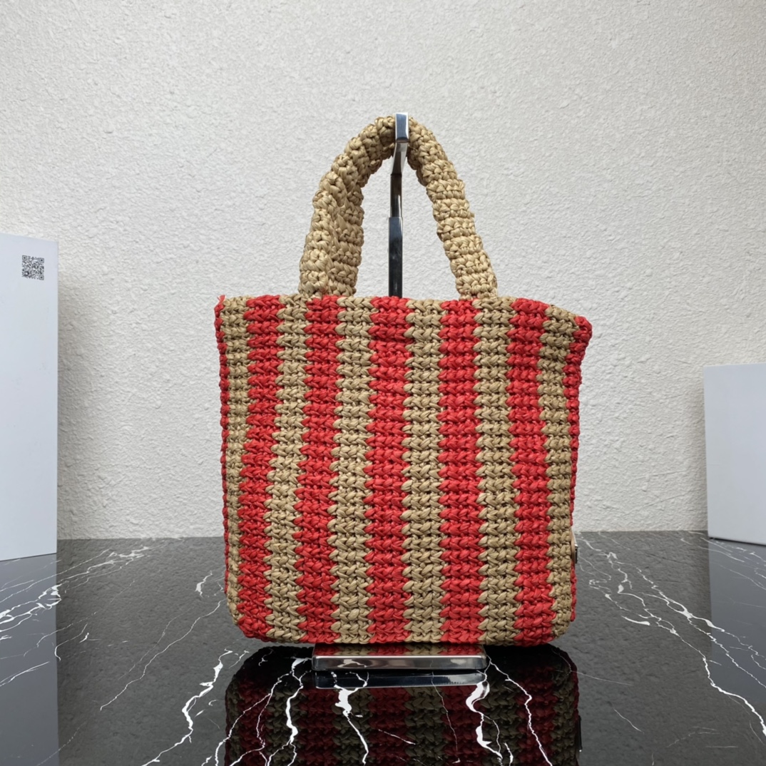 Prada 1BG422 Small Raffia Tote Bag Tan and Red