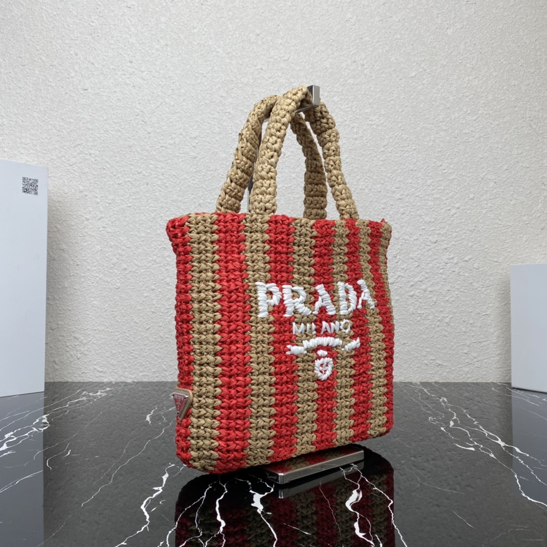 Prada 1BG422 Small Raffia Tote Bag Tan and Red