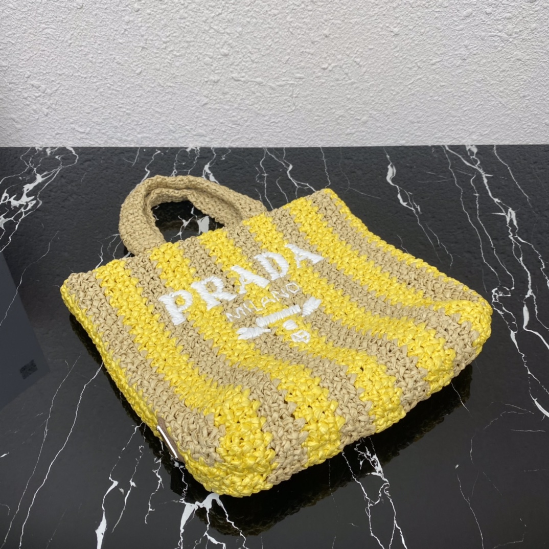 Prada 1BG422 Small Raffia Tote Bag Tan and Yellow