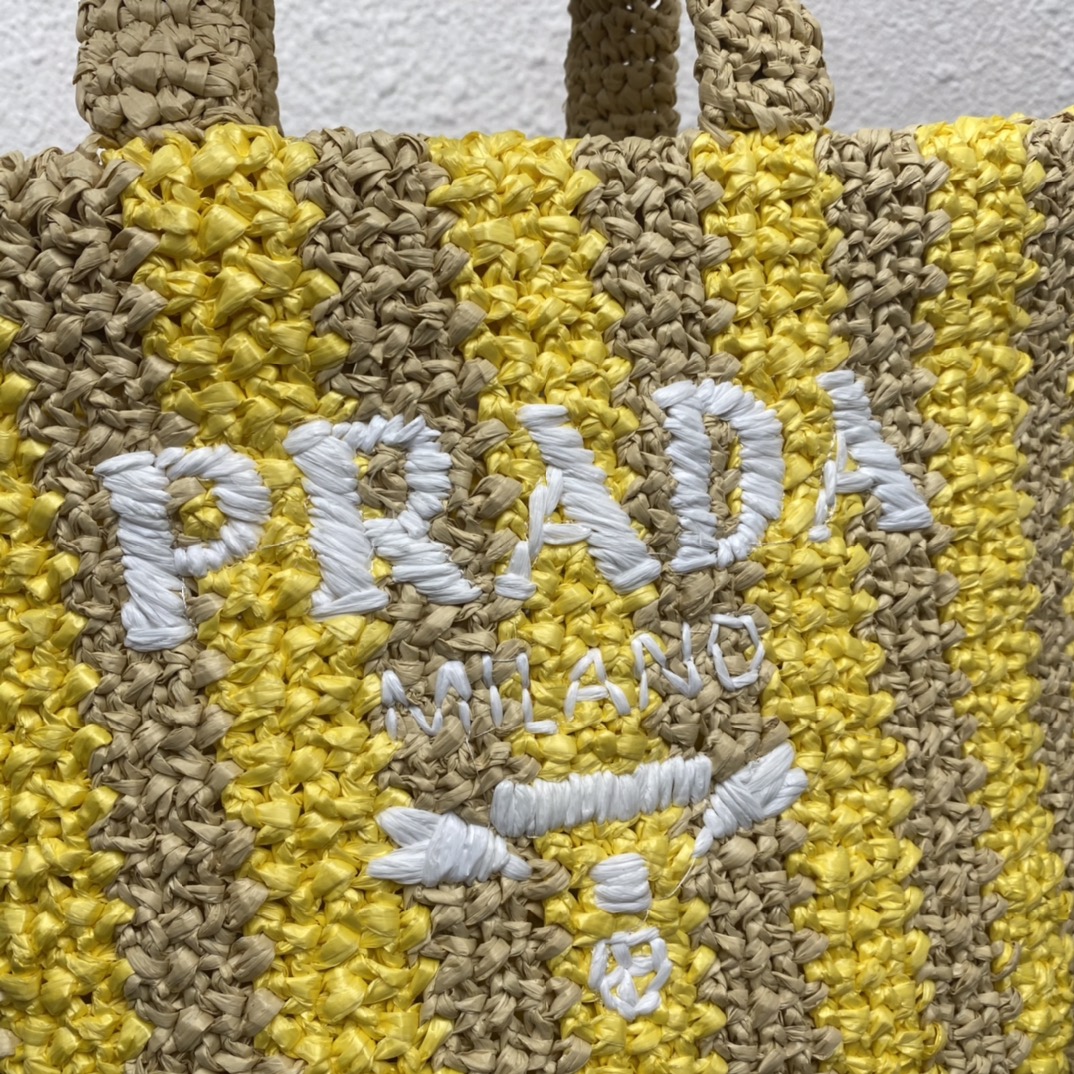 Prada 1BG422 Small Raffia Tote Bag Tan and Yellow