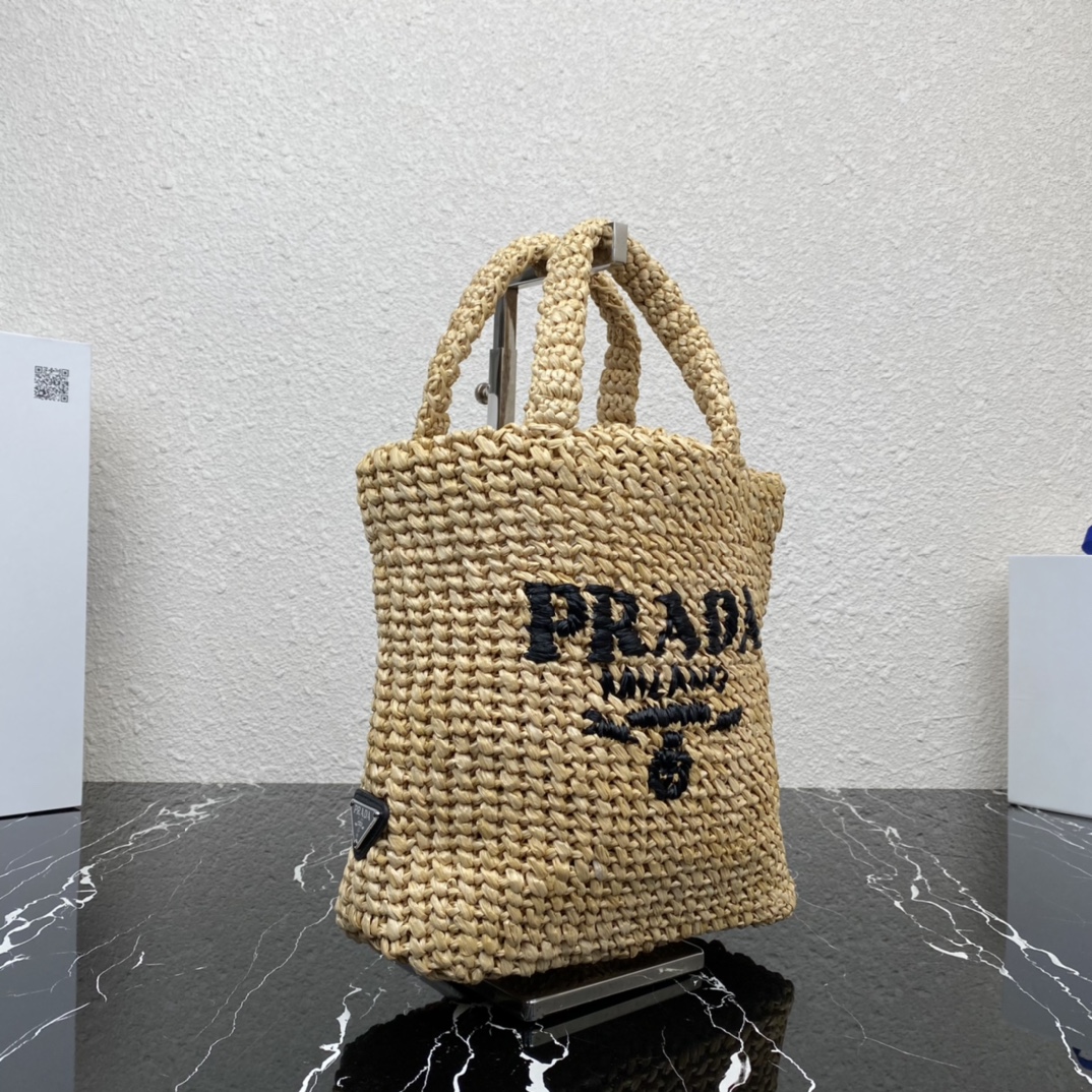 Prada 1BG422 Small Raffia Tote Bag Tan