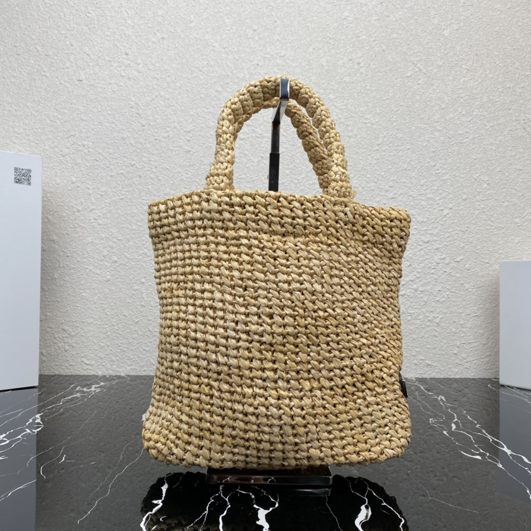 Prada 1BG422 Small Raffia Tote Bag Tan