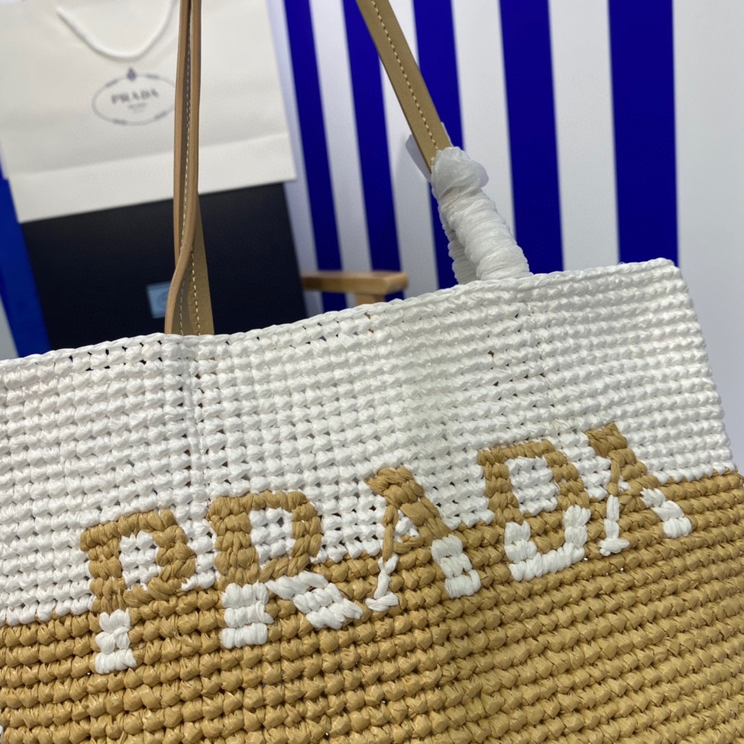 Prada 1BG454 Small Crochet and LeatherTote Bag Tan and White