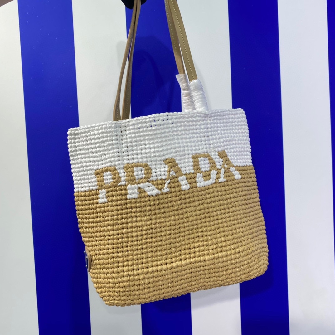 Prada 1BG454 Small Crochet and LeatherTote Bag Tan and White