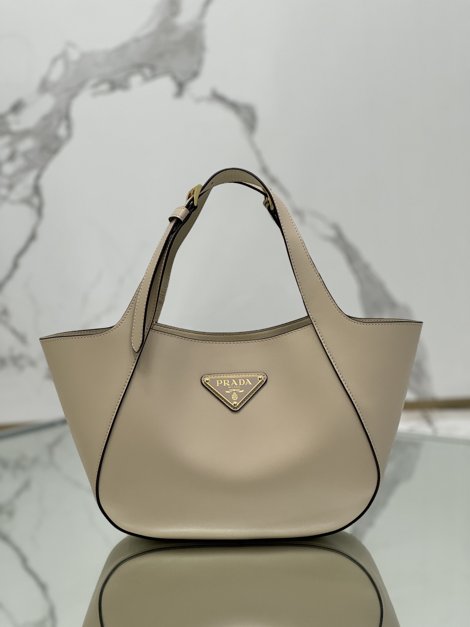 Prada 1BG483 Medium Leather Tote Bag Beige