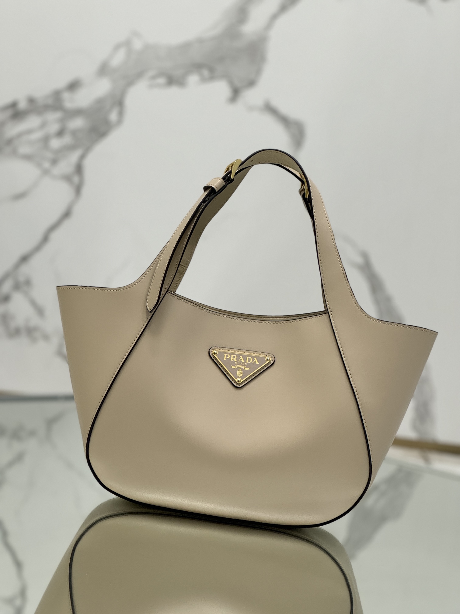 Prada 1BG483 Medium Leather Tote Bag Beige