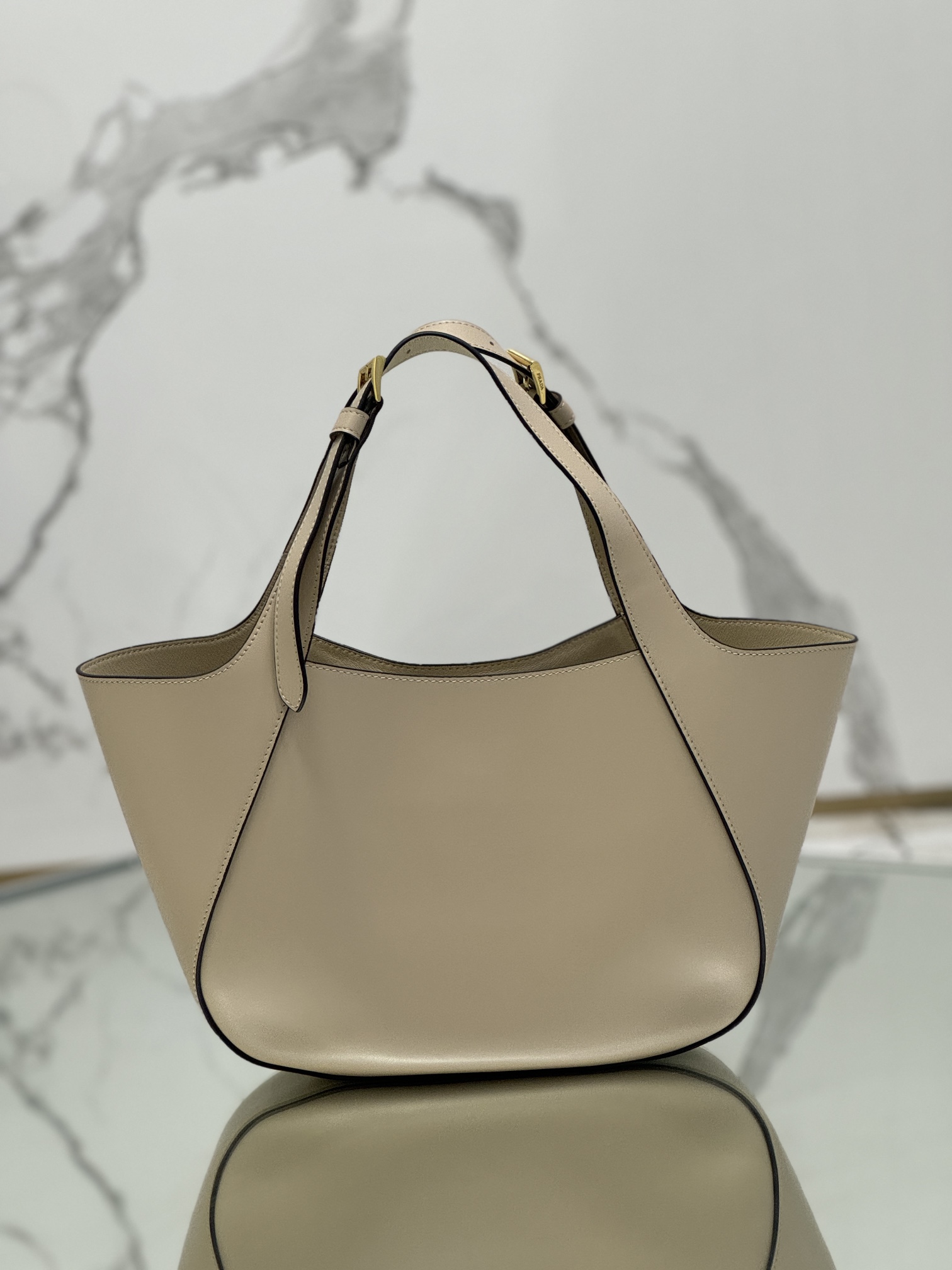 Prada 1BG483 Medium Leather Tote Bag Beige