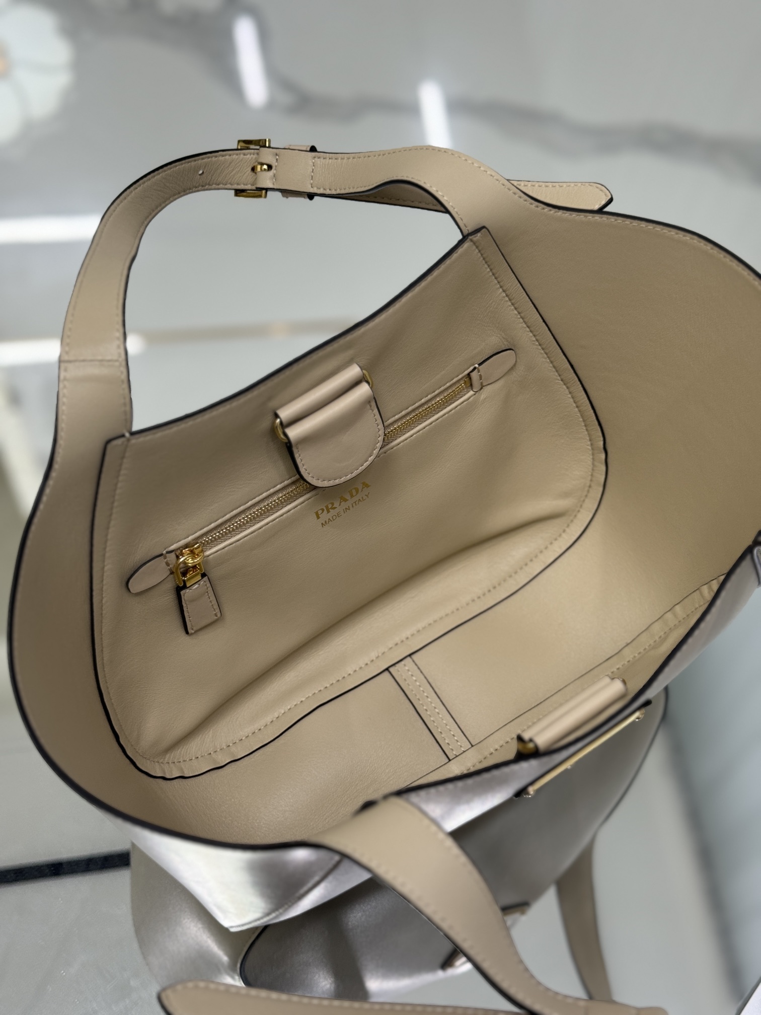 Prada 1BG483 Medium Leather Tote Bag Beige