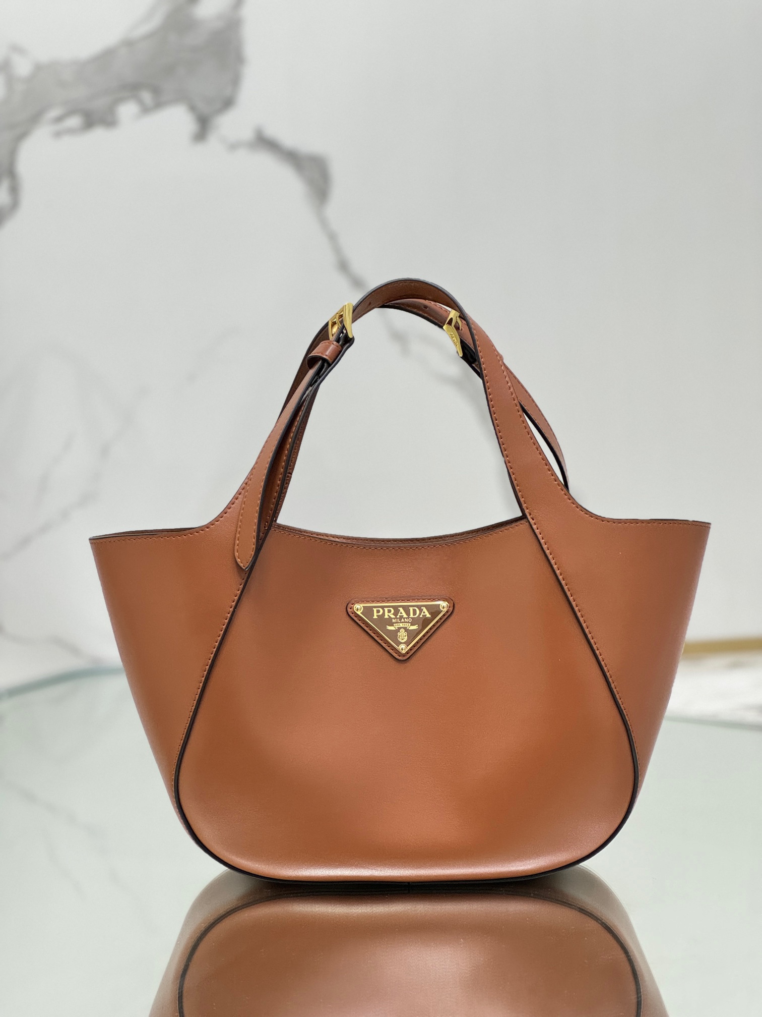 Prada 1BG483 Medium Leather Tote Bag Brown