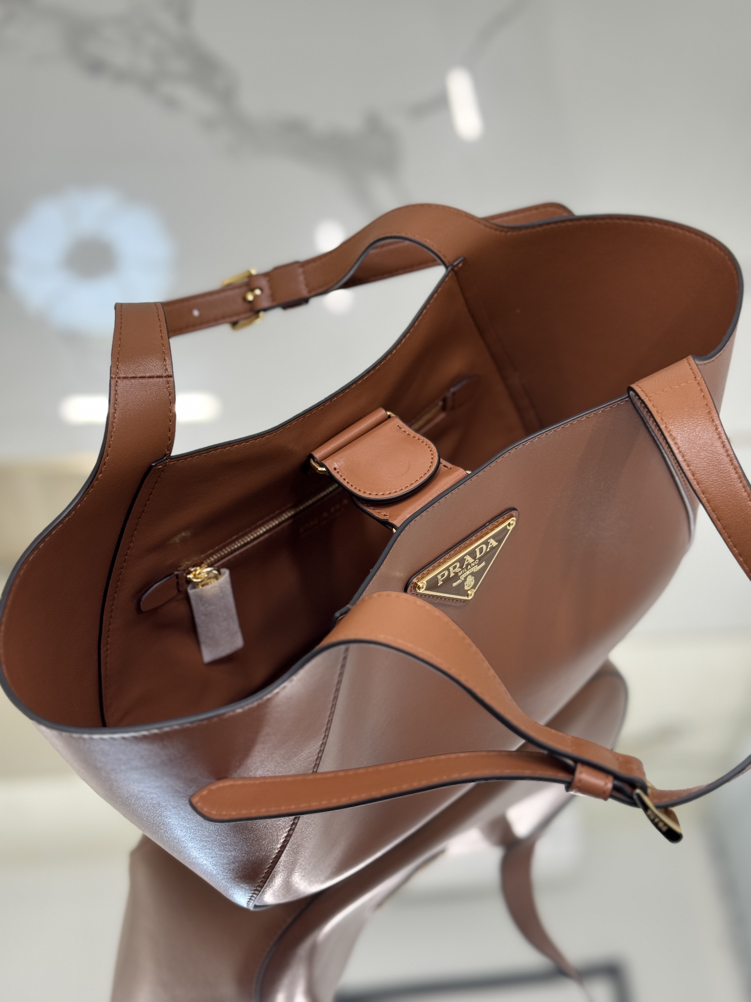 Prada 1BG483 Medium Leather Tote Bag Brown