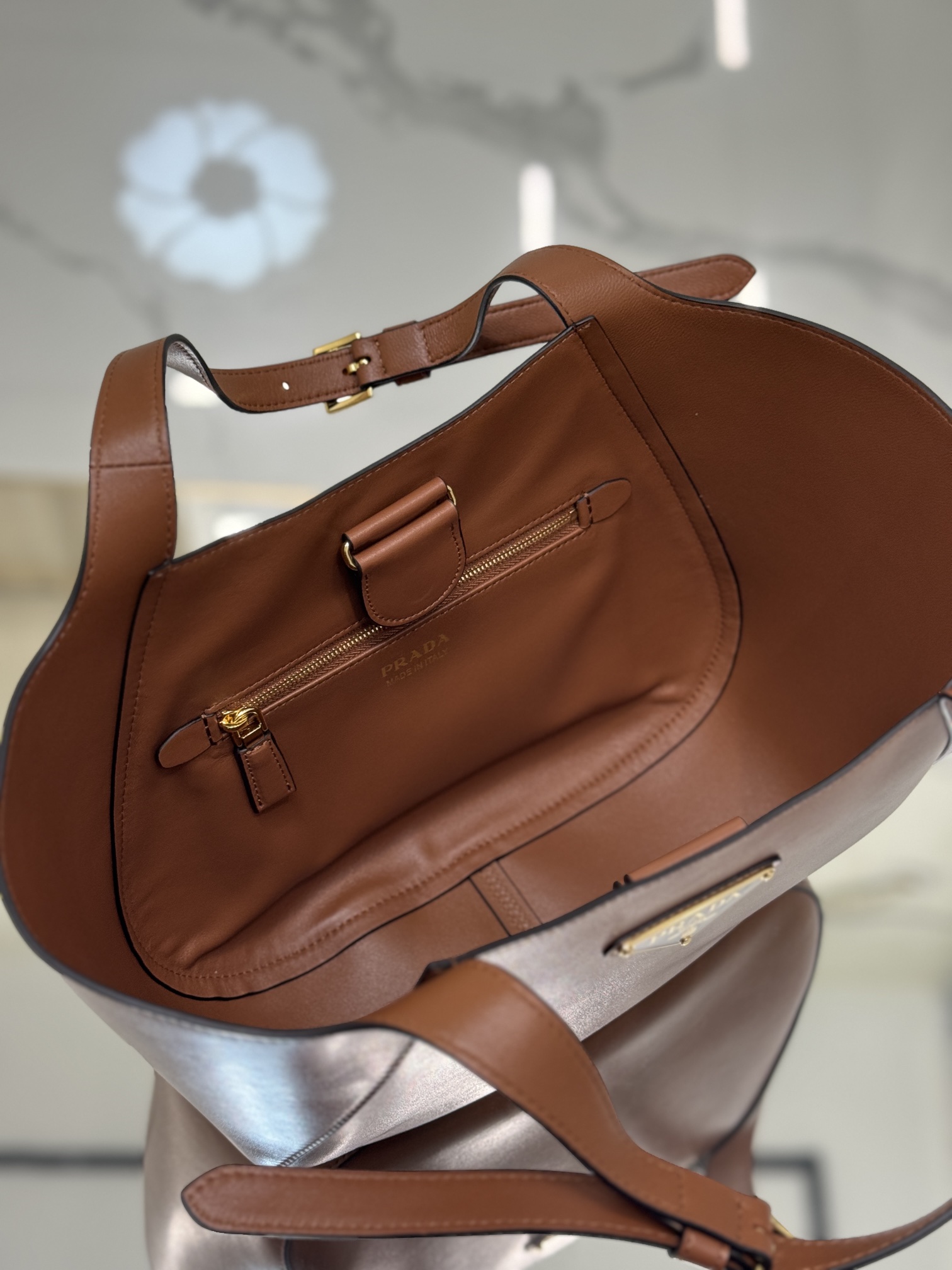 Prada 1BG483 Medium Leather Tote Bag Brown