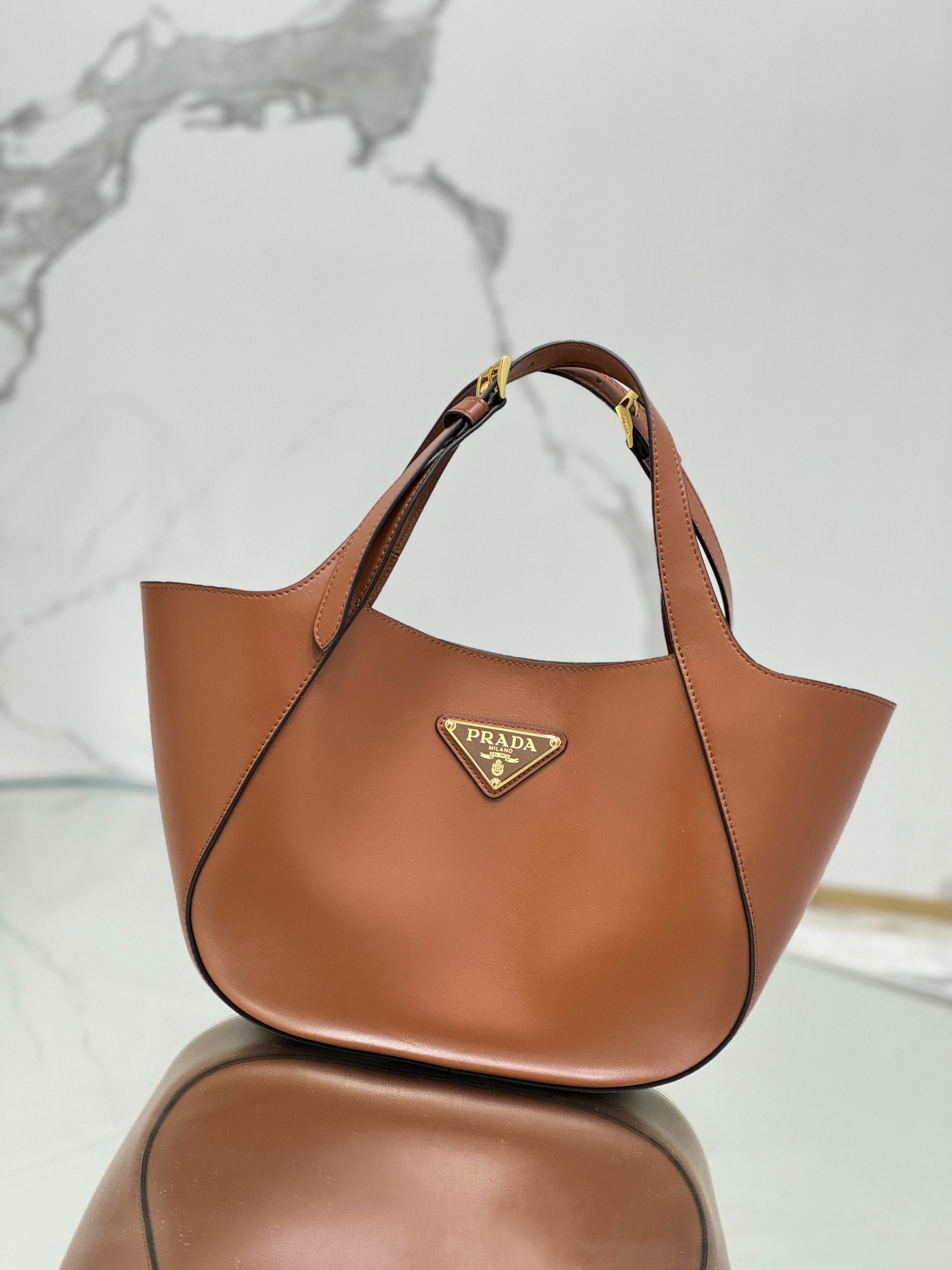 Prada 1BG483 Medium Leather Tote Bag Brown