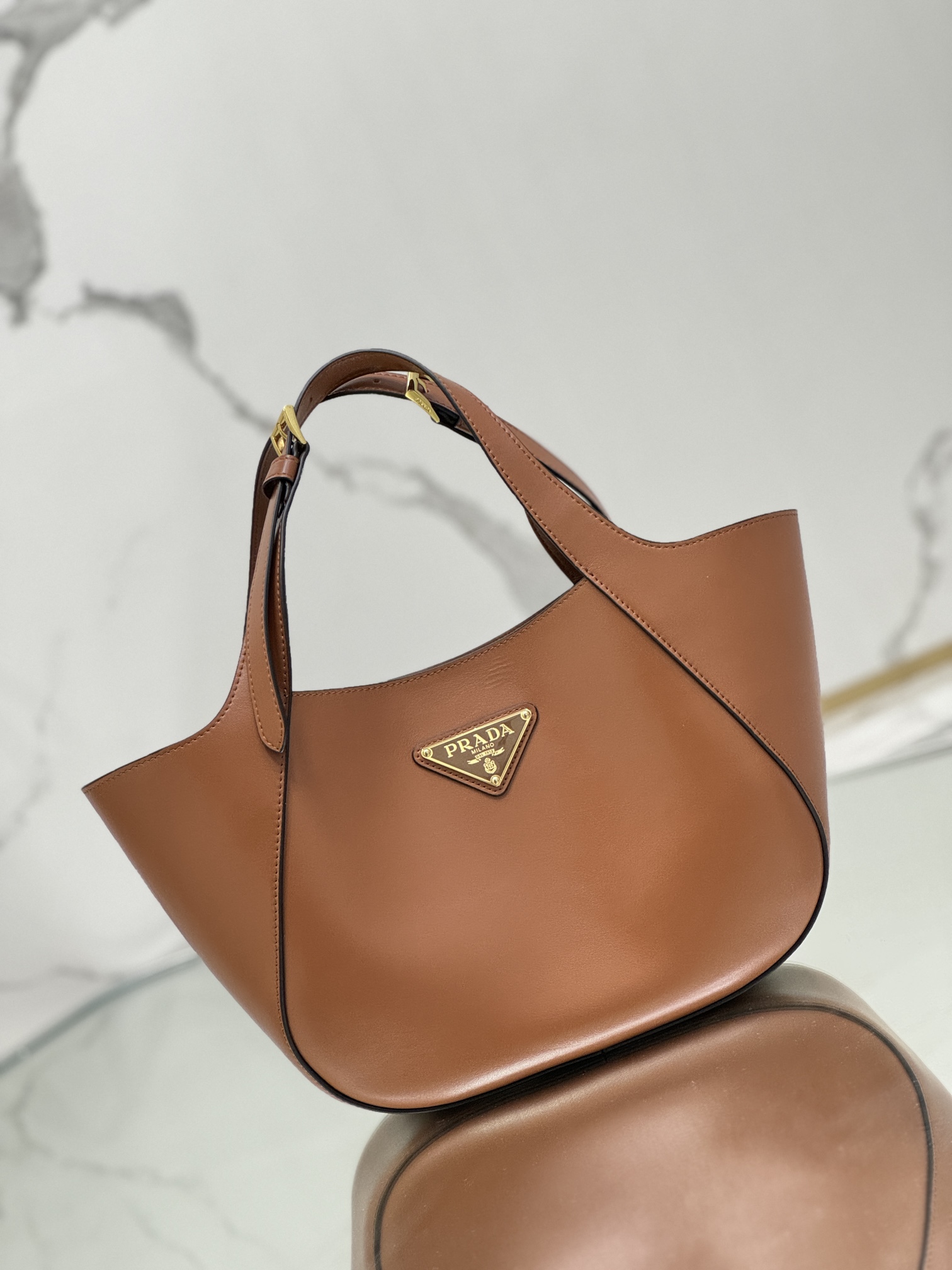 Prada 1BG483 Medium Leather Tote Bag Brown