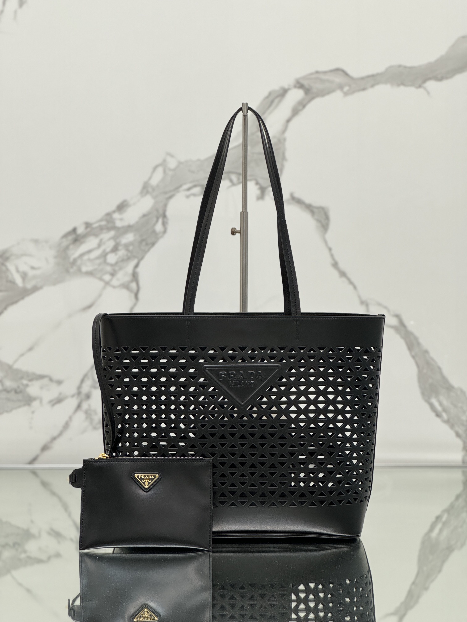 Prada 1BG503 Black Large Perforated Leather Tote Bag