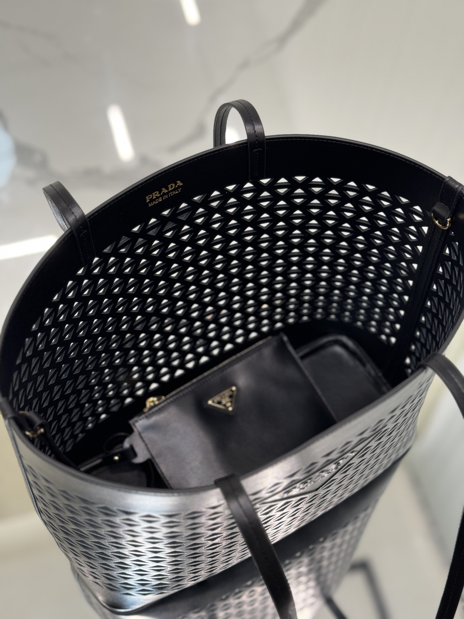 Prada 1BG503 Black Large Perforated Leather Tote Bag