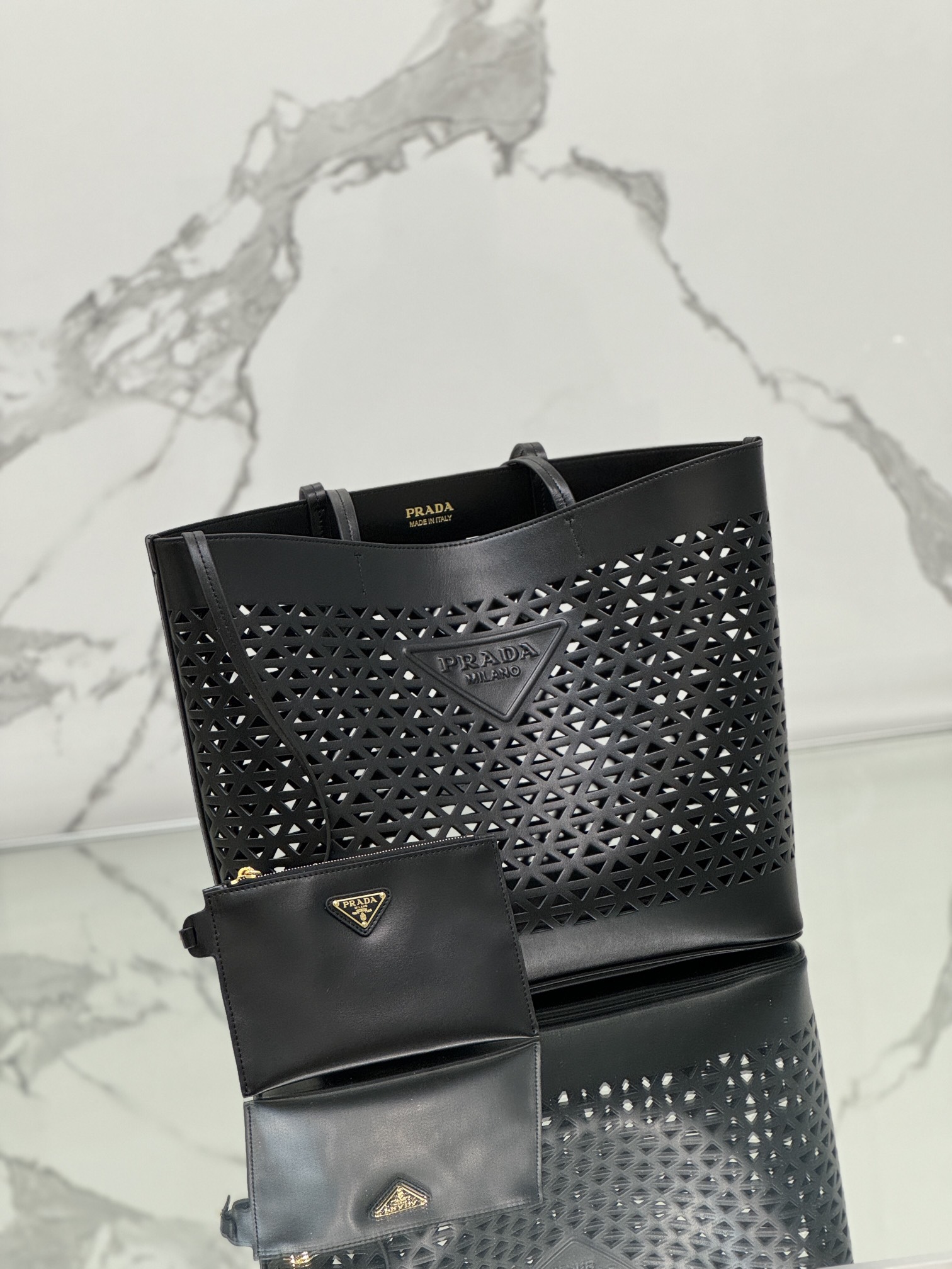 Prada 1BG503 Black Large Perforated Leather Tote Bag