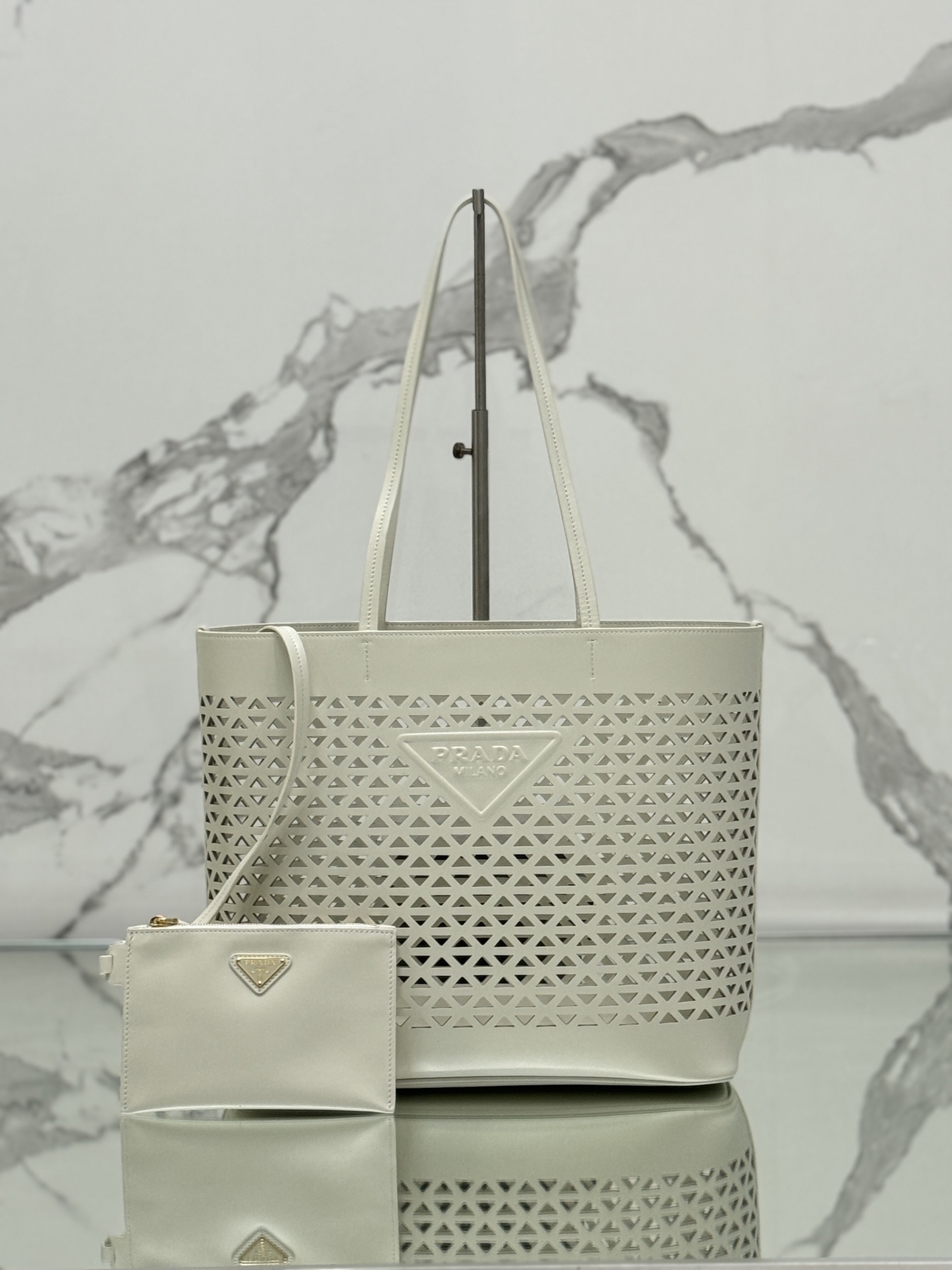 Prada 1BG503 White Large Perforated Leather Tote Bag