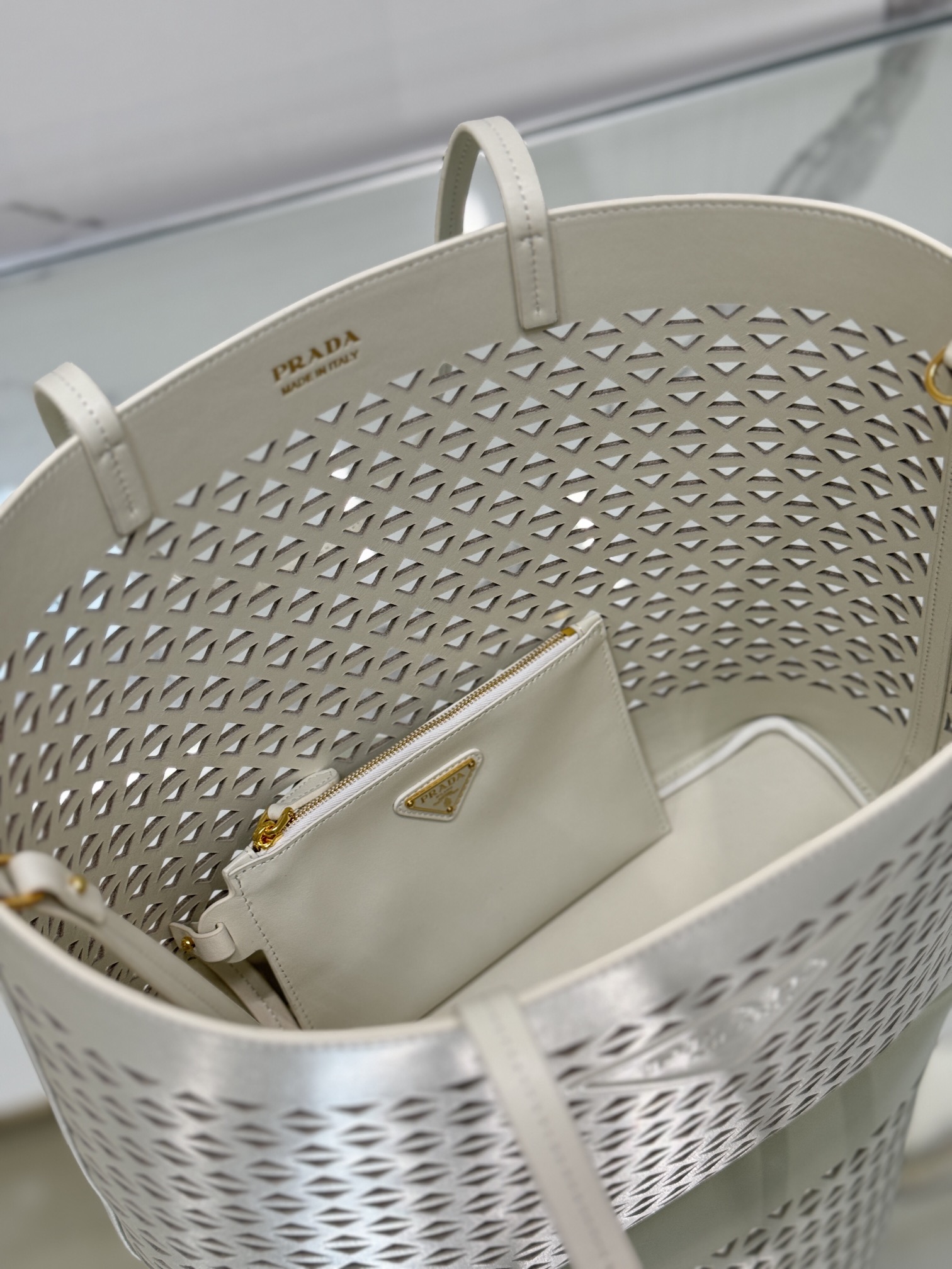Prada 1BG503 White Large Perforated Leather Tote Bag