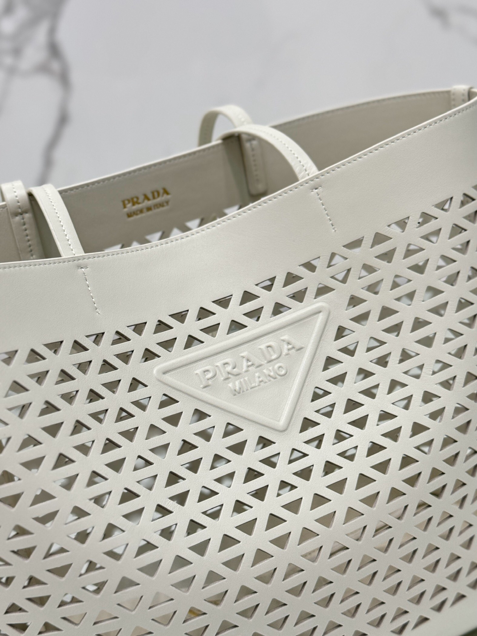 Prada 1BG503 White Large Perforated Leather Tote Bag