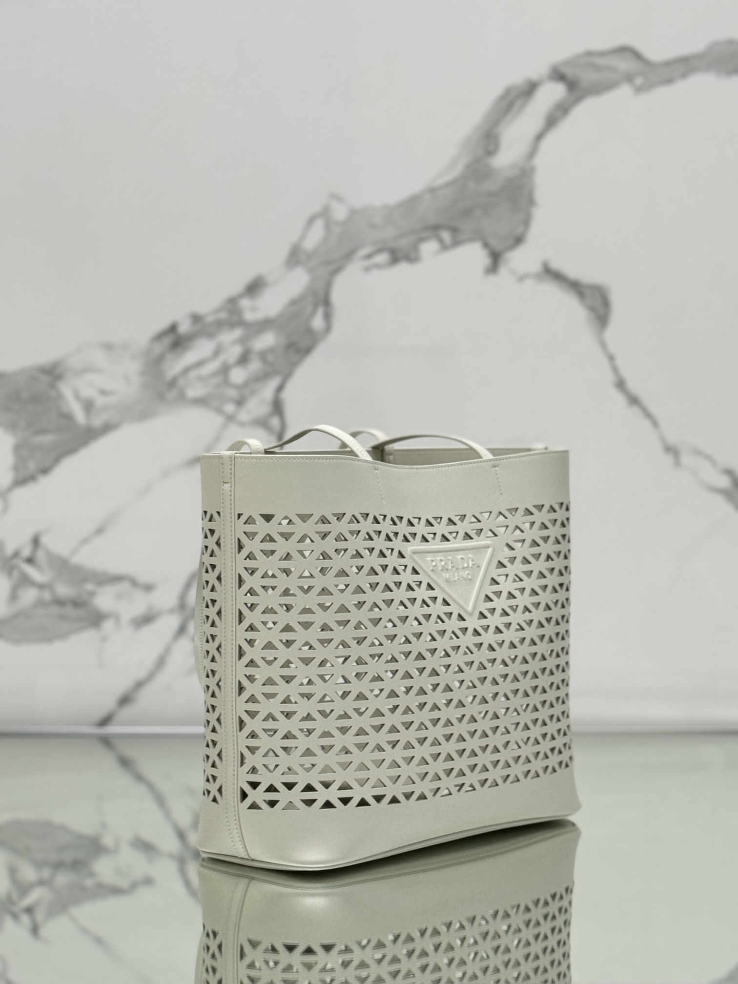 Prada 1BG503 White Large Perforated Leather Tote Bag