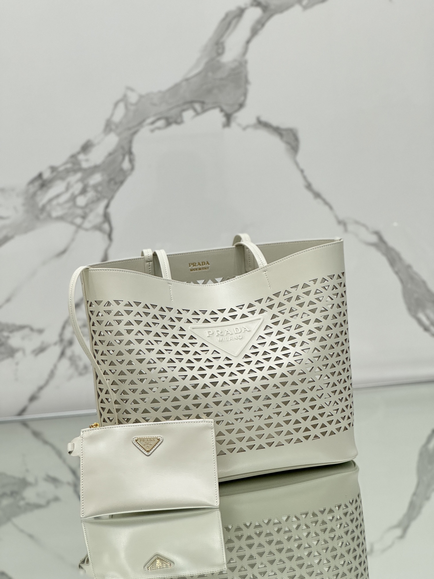 Prada 1BG503 White Large Perforated Leather Tote Bag