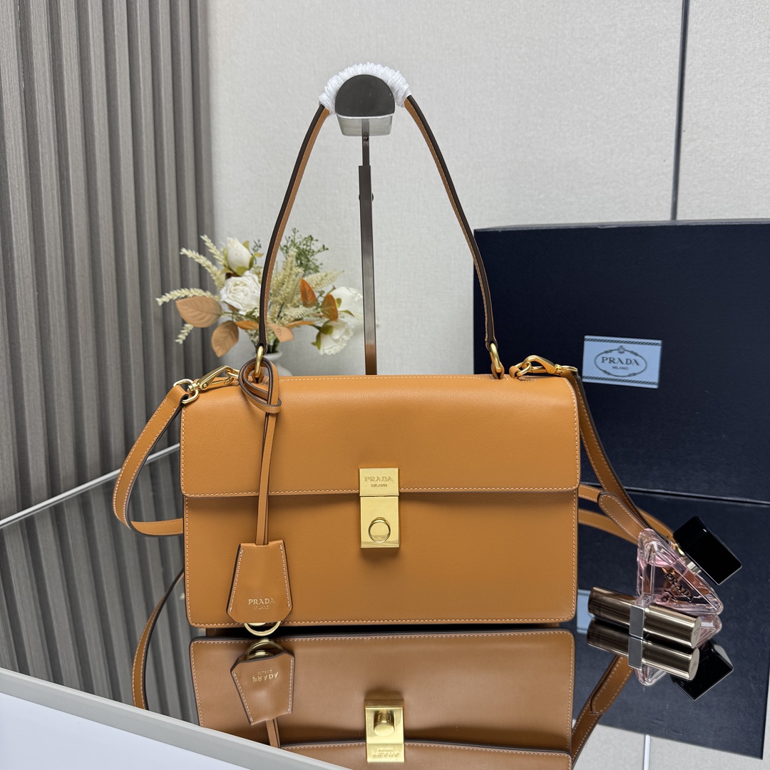 Prada 1BN023 Soft Sound Medium Leather Shoulder Bag Amber