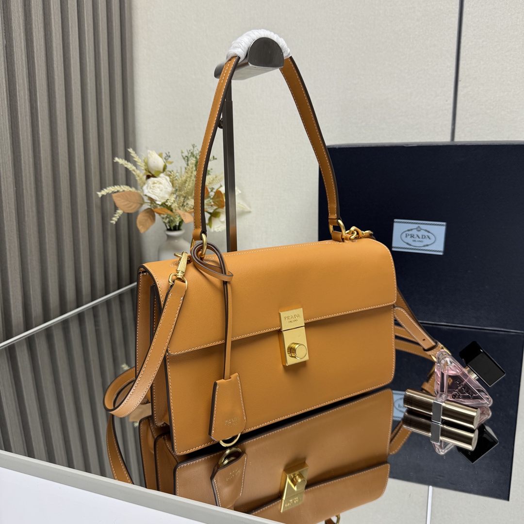 Prada 1BN023 Soft Sound Medium Leather Shoulder Bag Amber