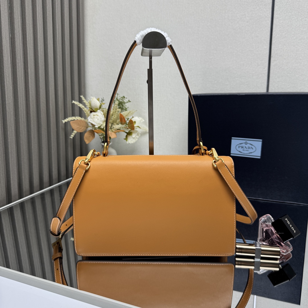 Prada 1BN023 Soft Sound Medium Leather Shoulder Bag Amber