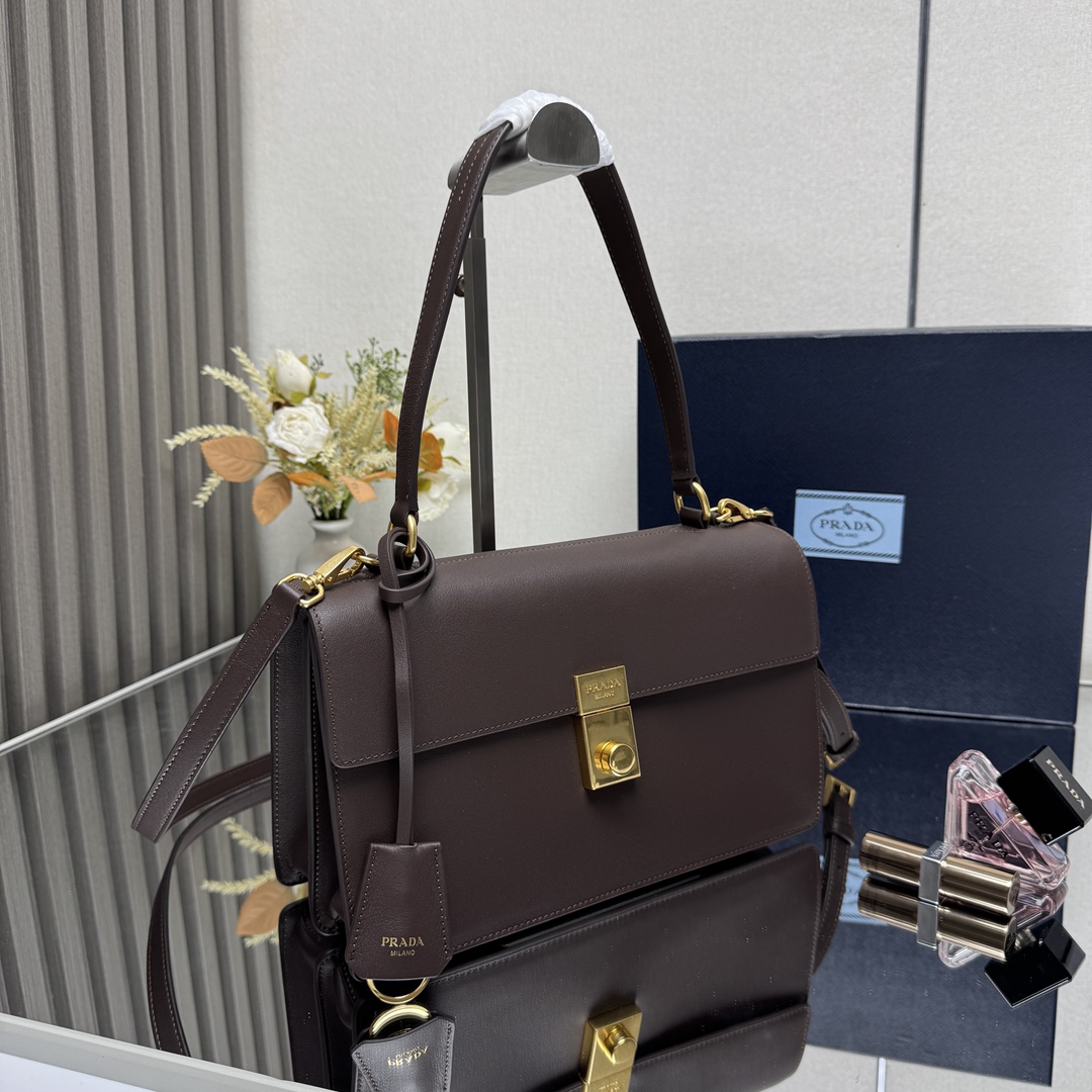 Prada 1BN023 Soft Sound Medium Leather Shoulder Bag Pistachio Dark Brown