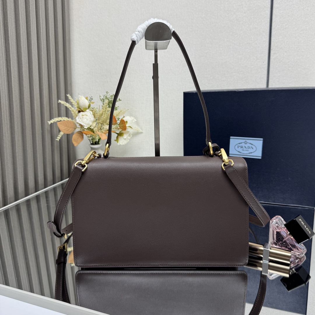 Prada 1BN023 Soft Sound Medium Leather Shoulder Bag Pistachio Dark Brown