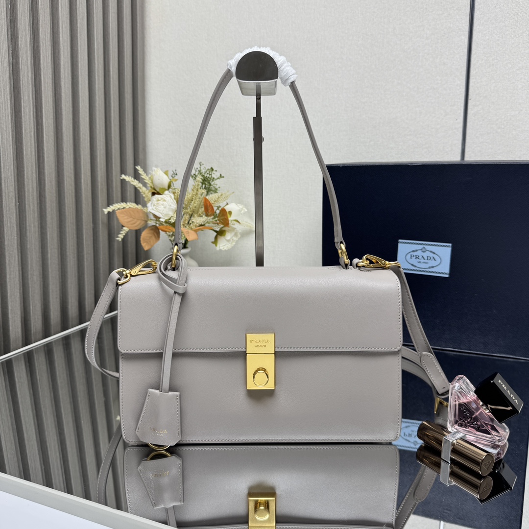 Prada 1BN023 Soft Sound Medium Leather Shoulder Bag Pumice Stone