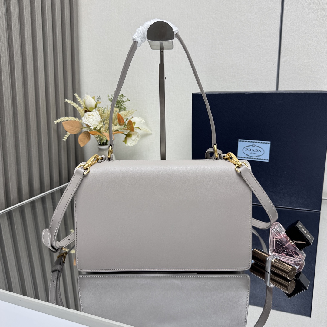 Prada 1BN023 Soft Sound Medium Leather Shoulder Bag Pumice Stone