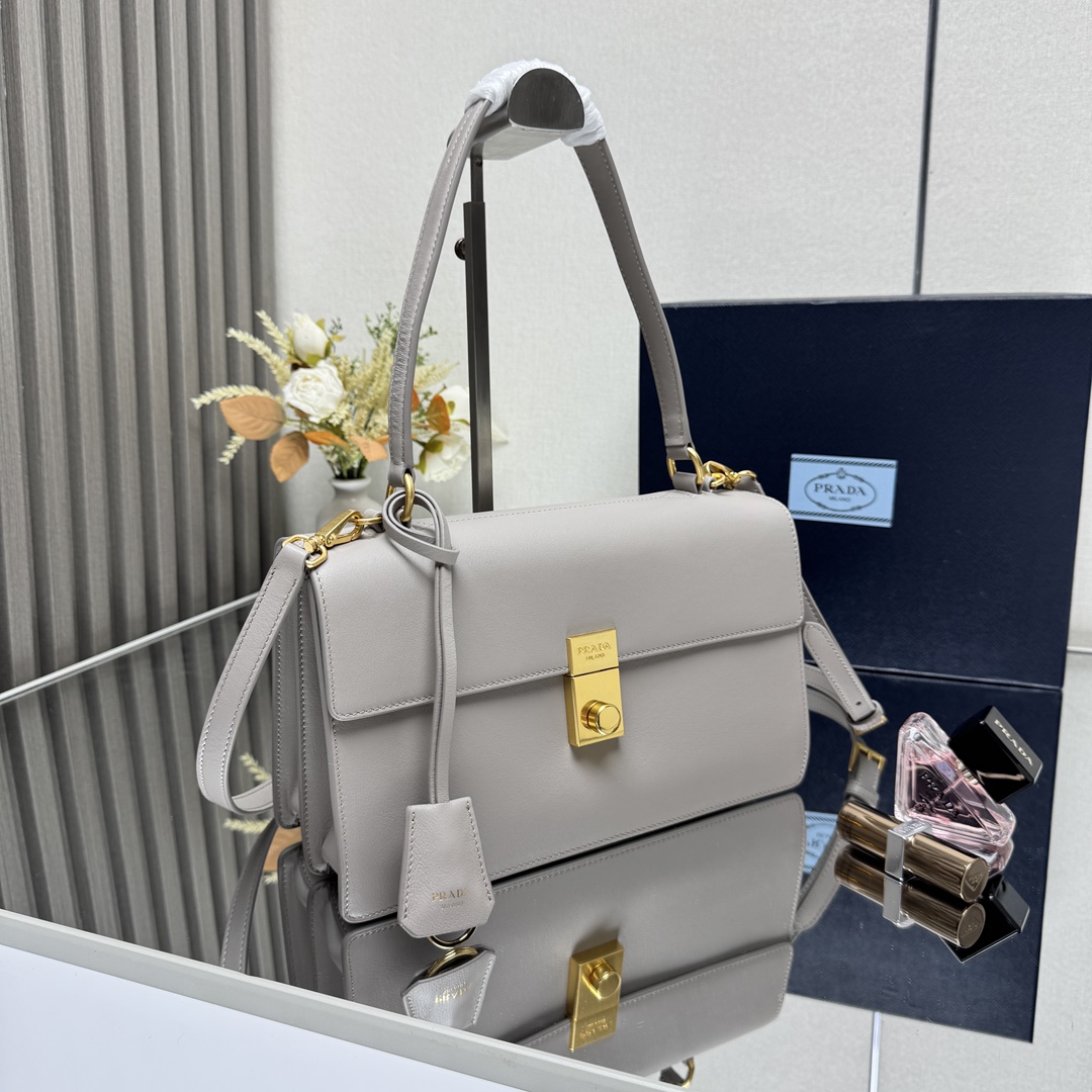 Prada 1BN023 Soft Sound Medium Leather Shoulder Bag Pumice Stone
