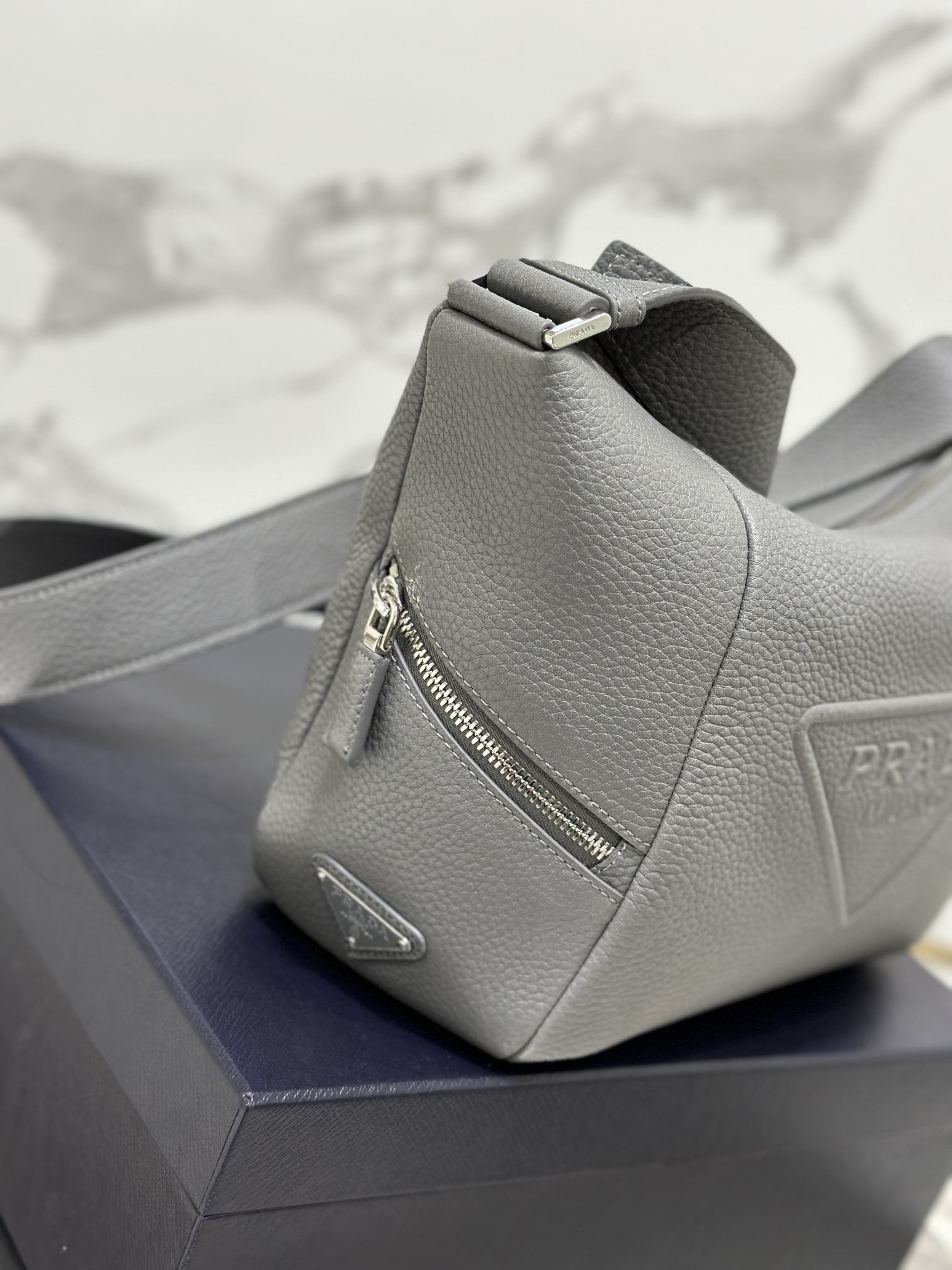 Prada 2VH165 Leather Bag with Shoulder Strap Gray