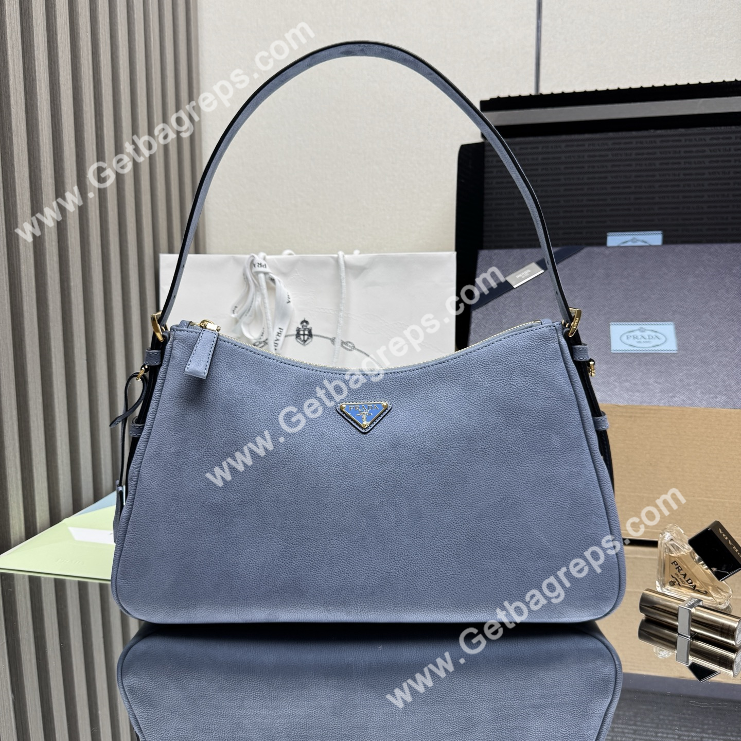 Prada Aimee Large Leather Shoulder Bag Blue