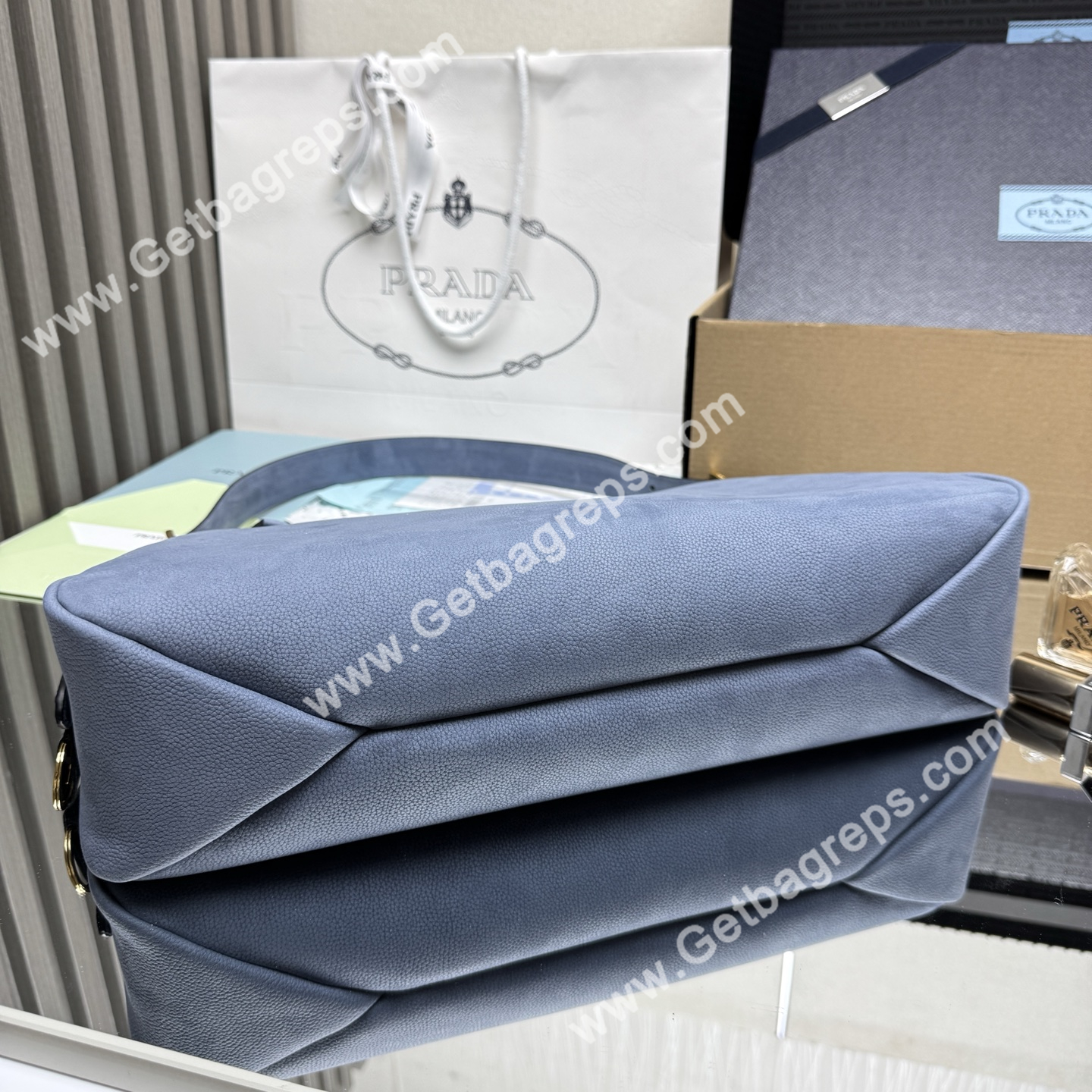 Prada Aimee Large Leather Shoulder Bag Blue