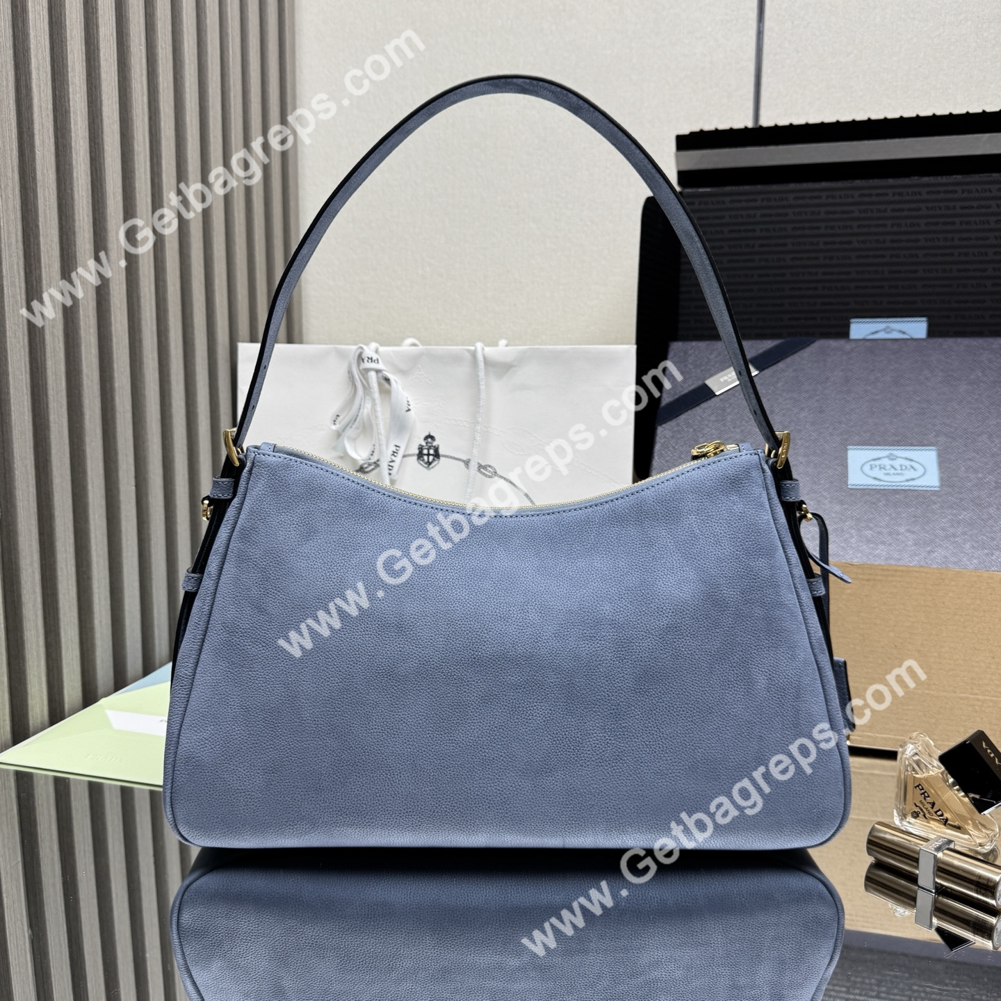 Prada Aimee Large Leather Shoulder Bag Blue