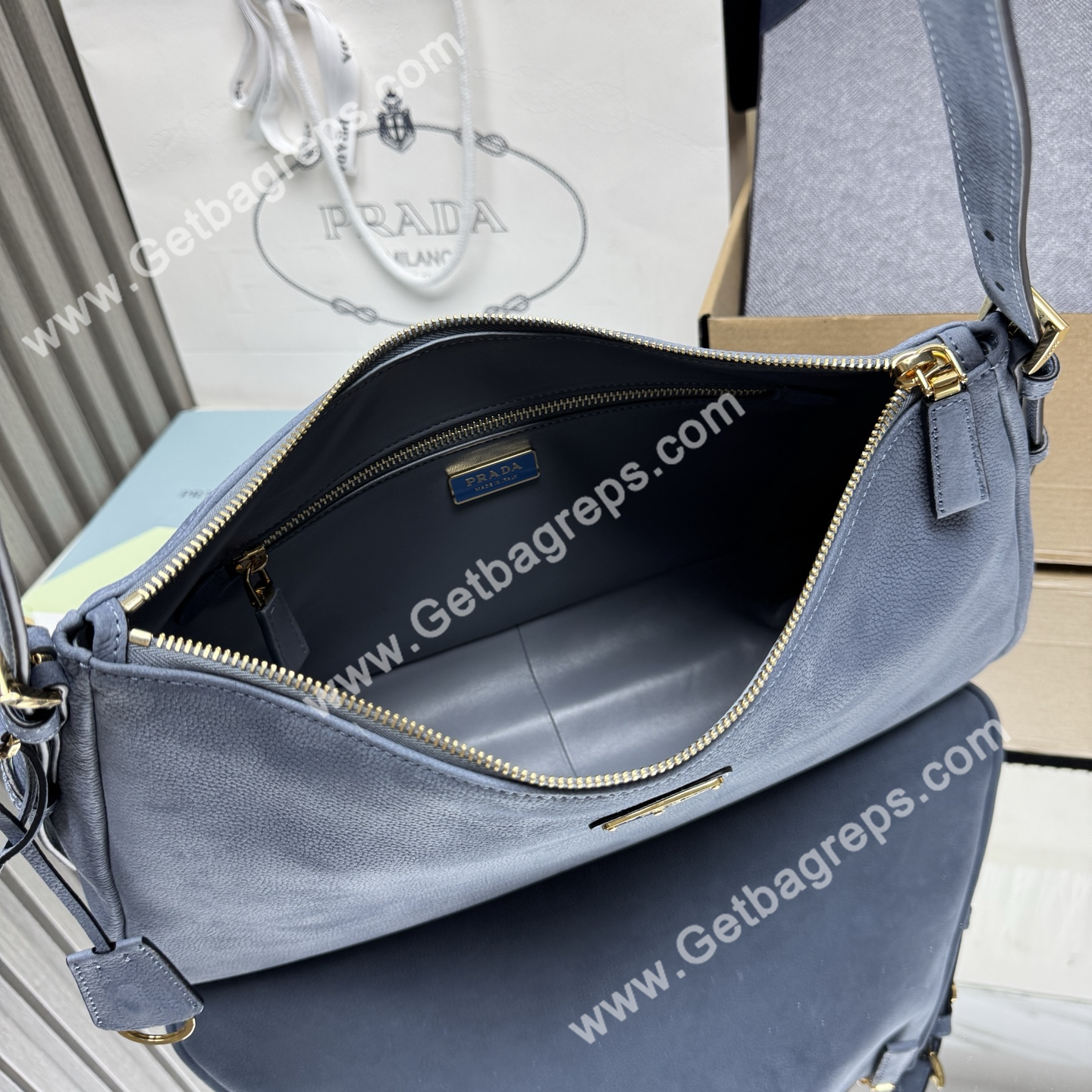 Prada Aimee Large Leather Shoulder Bag Blue