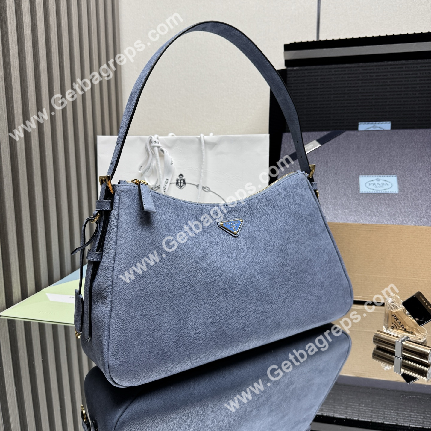 Prada Aimee Large Leather Shoulder Bag Blue
