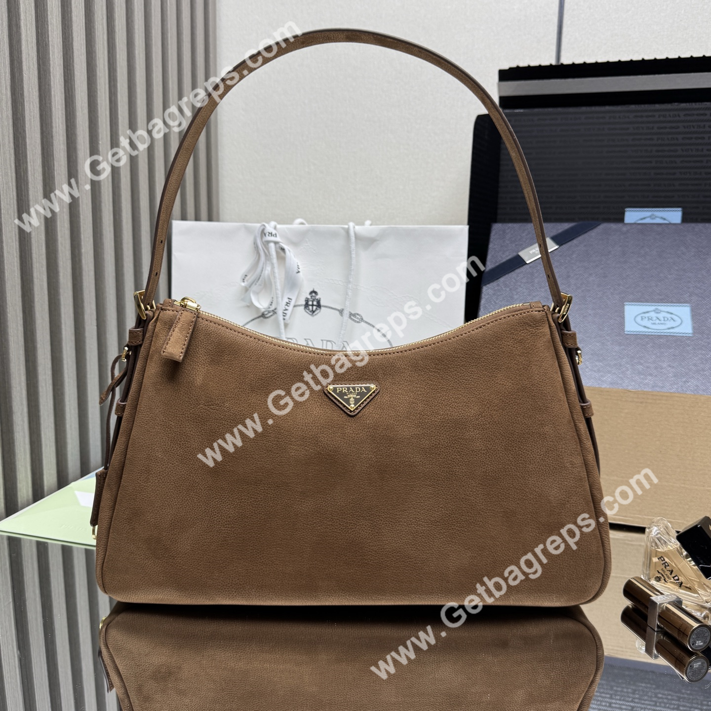 Prada Aimee Large Leather Shoulder Bag Brown