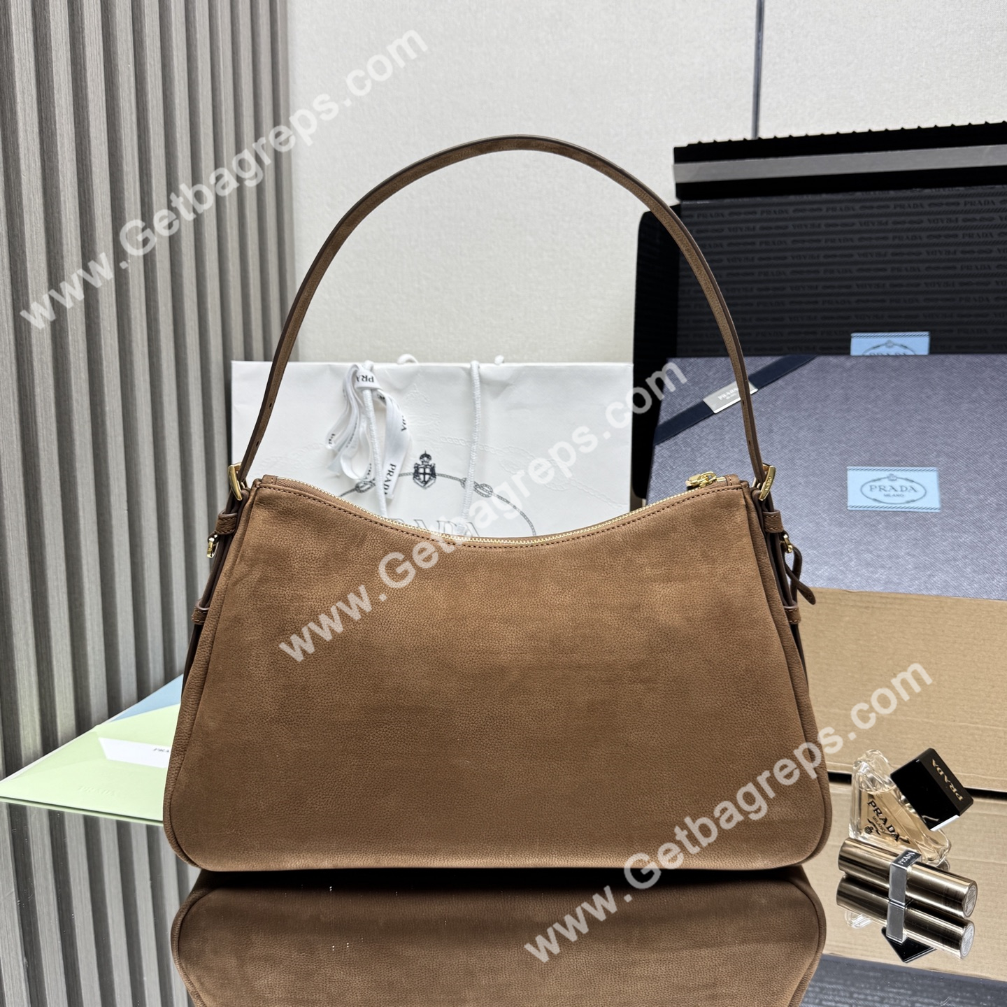 Prada Aimee Large Leather Shoulder Bag Brown