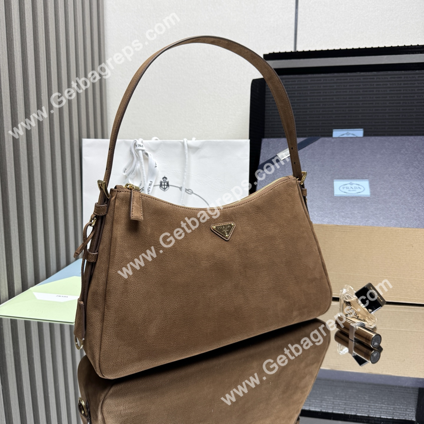 Prada Aimee Large Leather Shoulder Bag Brown
