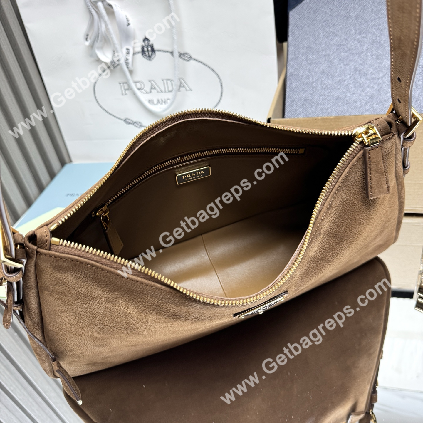 Prada Aimee Large Leather Shoulder Bag Brown