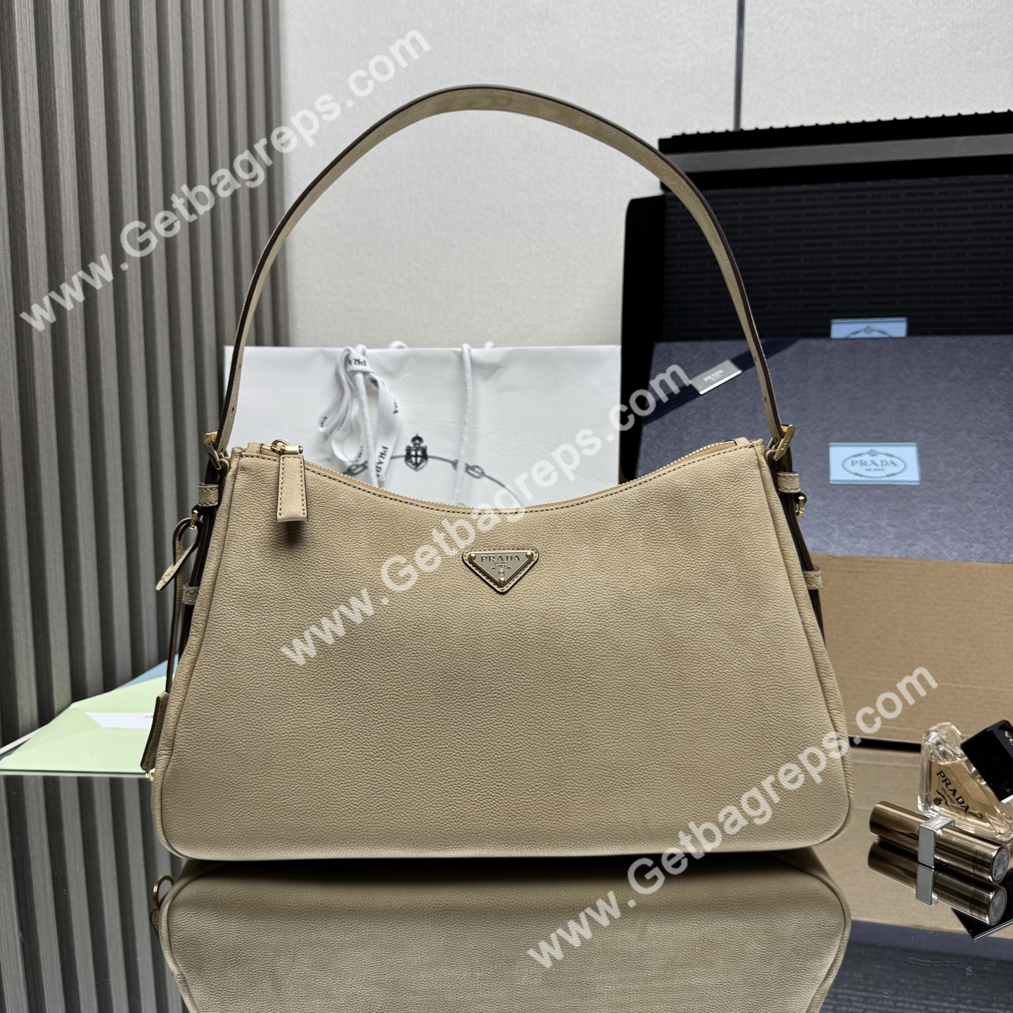 Prada Aimee Large Leather Shoulder Bag Khaki