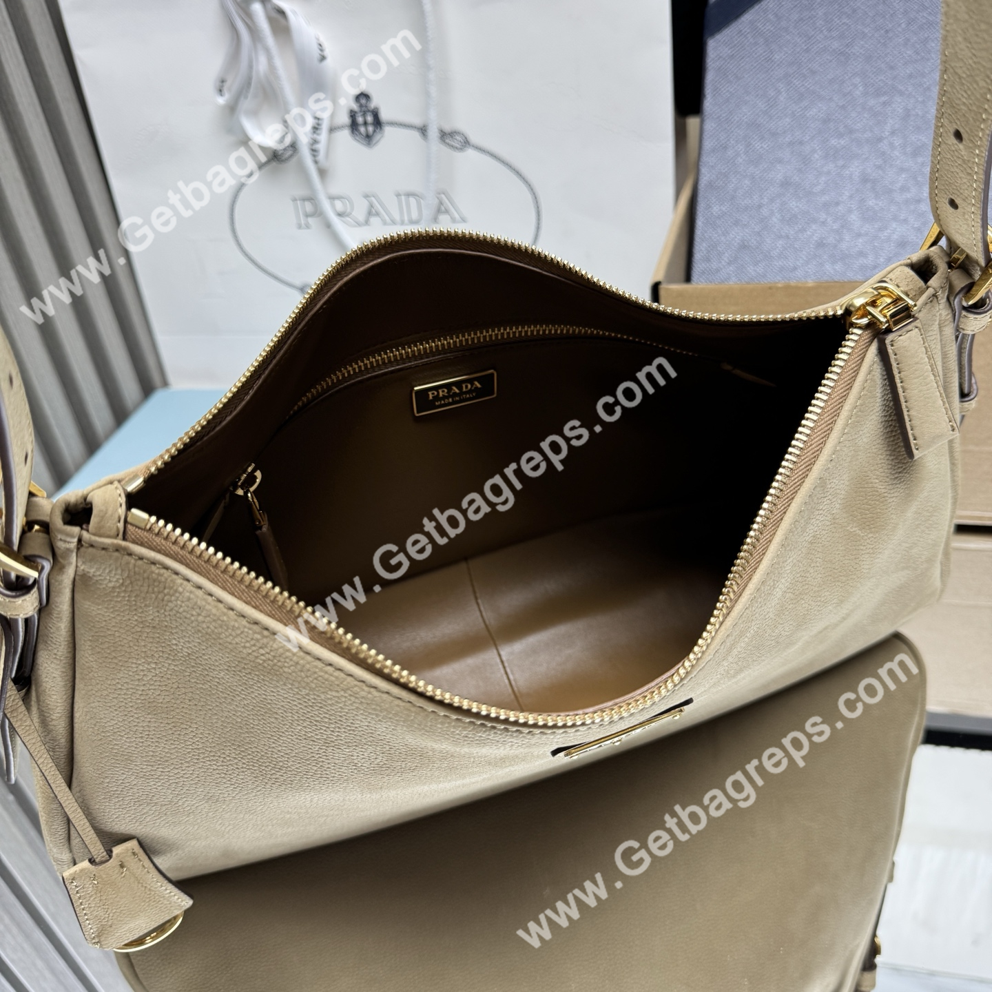 Prada Aimee Large Leather Shoulder Bag Khaki