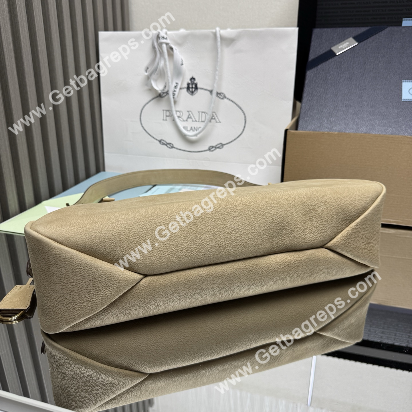 Prada Aimee Large Leather Shoulder Bag Khaki