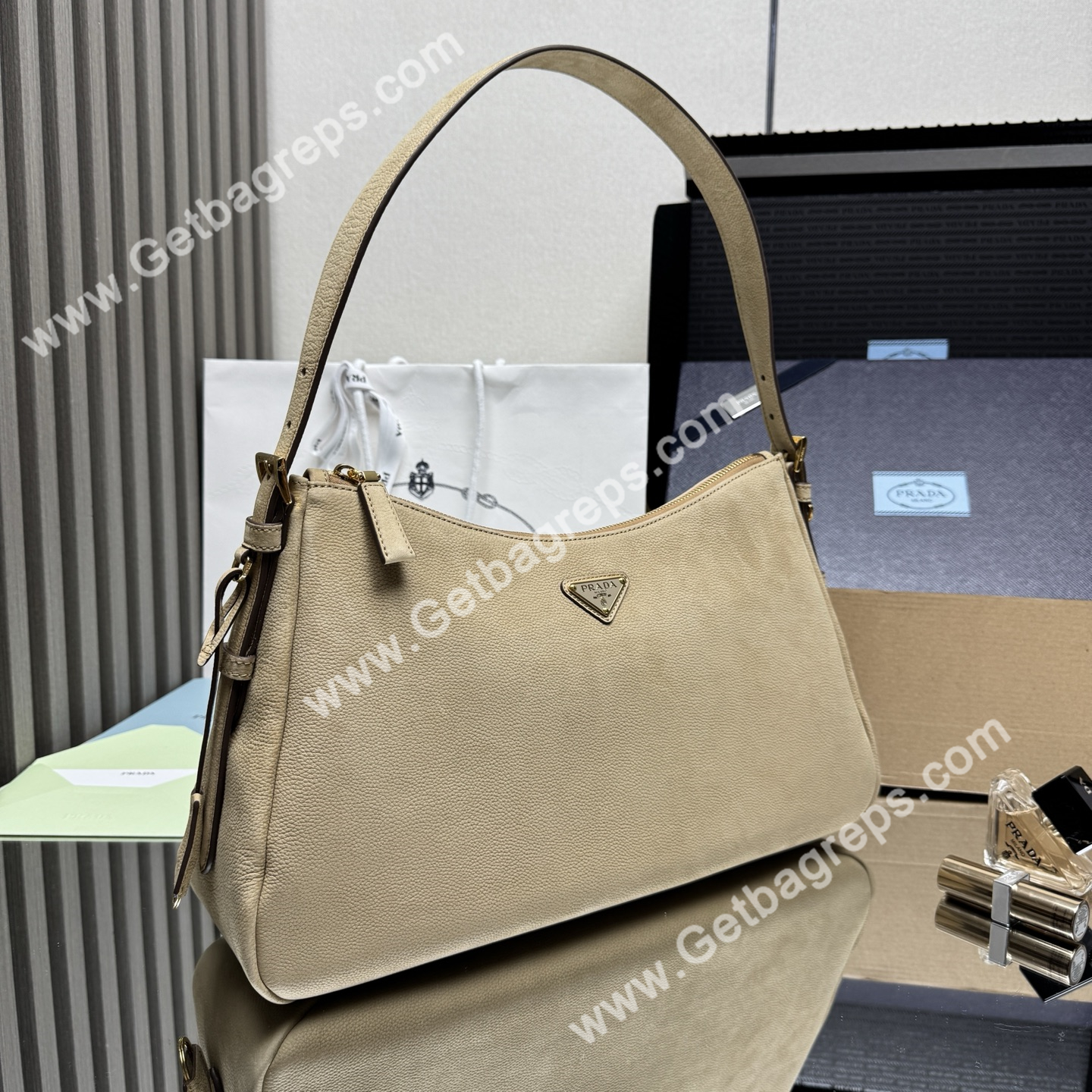 Prada Aimee Large Leather Shoulder Bag Khaki